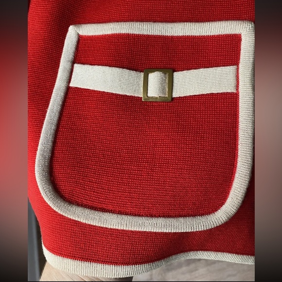 Vintage Red CARDIGAN SWEATER JACKET Gold Piped Luxury Lipstick Red SZ 16 XL Plus - Picture 5 of 6